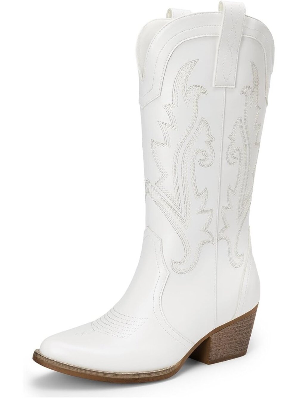 Women's Mid Calf Cowgirl Point Toe Chunky Heel White Embroidery Western Boots